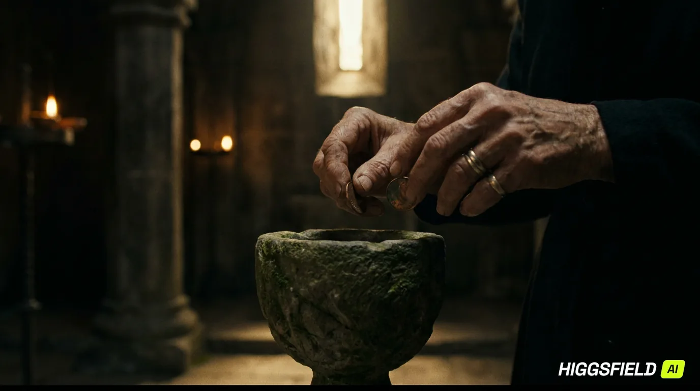 A widow's hands offering two small copper coins